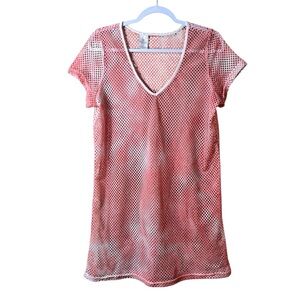 Madison Coral Pink Mesh Fishnet Crochet‎ Swim Cover-Up Medium Beach Pool